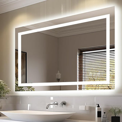 EchosLife 44"x32" Bathroom Mirror with LED Lights | Backlit + Front Lit, Anti-Fog, Stepless Dimmable, 3 Colors, Memory, Tempered Glass, UL Listed, Horizontal/Vertical