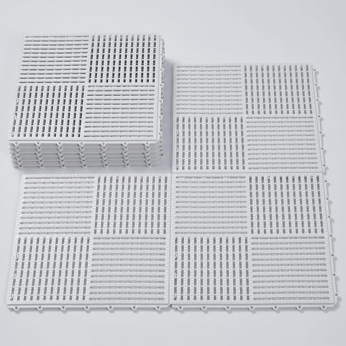 9 Pack Modular Interlocking Tiles Double Non-Slip 12"x12" White | 0.4" Thick with Drain Holes for Pool Deck Shower Garage Basement Boat Pet Area Wet Floors Easy Install