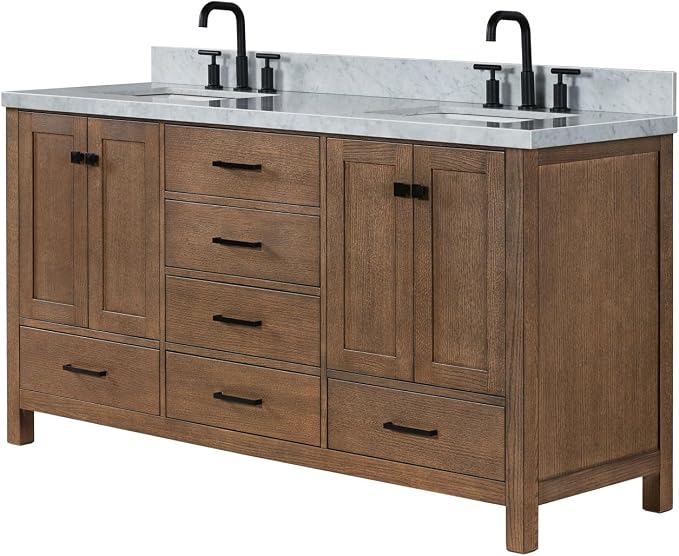 Beckford 66-Inch Brown Oak Double Bathroom Vanity with Sink, 1.5-Inch Edge Italian Carrara Marble Countertop & 4" Backsplash, Soft-Closing Doors & Drawers, Solid Oak Wood Construction