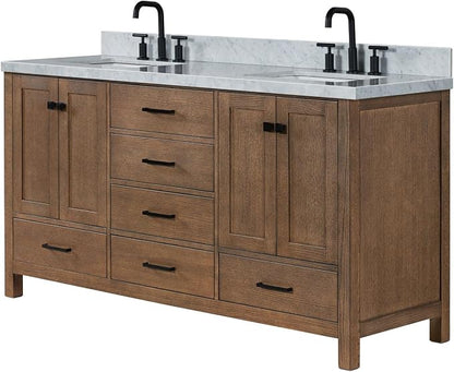 Beckford 66-Inch Brown Oak Double Bathroom Vanity with Sink, 1.5-Inch Edge Italian Carrara Marble Countertop & 4" Backsplash, Soft-Closing Doors & Drawers, Solid Oak Wood Construction