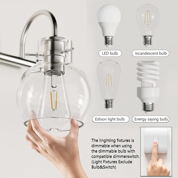 2 Lights Bathroom Vanity Light Fixtures Over Mirror Modern Nickle | Wall Sconce,Elegant Globe Glass Shade,E26 Base, UL Certified，Anti-Rust,Damp Rated,Brushed Nickel,Bathroom Bedroom Living Room