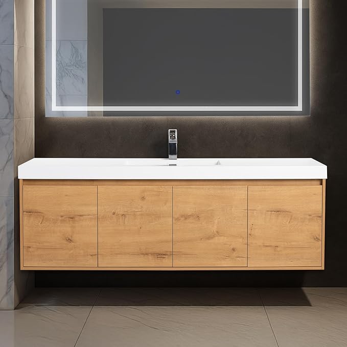 Blossom 60 Inch Bathroom Vanity with Sink, Wall Mounted Floating Bathroom Vanity Cabinet with Acrylic Sink, All Wood Soft Close Doors and Storage, Space Saving Design, Classic Oak Finish