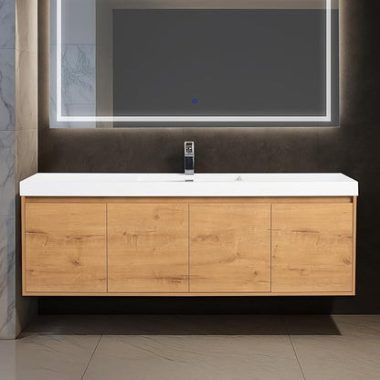 Blossom 60 Inch Bathroom Vanity with Sink, Wall Mounted Floating Bathroom Vanity Cabinet with Acrylic Sink, All Wood Soft Close Doors and Storage, Space Saving Design, Classic Oak Finish