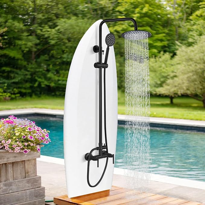 gotonovo Outdoor Shower 304 Stainless Steel, Matte Black, Lever Handle | Rain 8 Inch Outdoor Shower Head with Handheld Kit Fixtures System Faucet Set with Valve Wall Mount for Seaside Backyard Pool