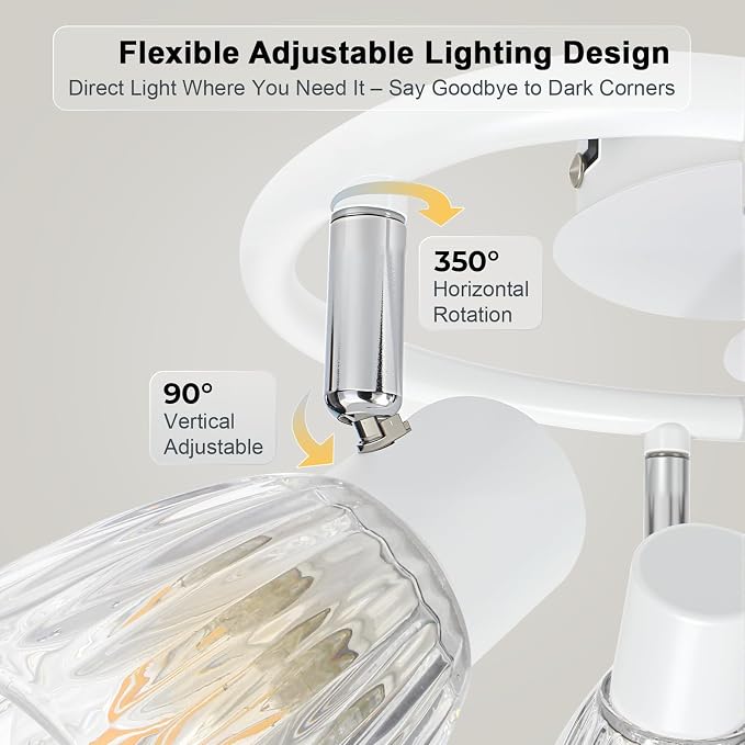 HiBay 3-Light Track Lighting White, Directional Modern Ceiling Fixture | with Glass Shades, Flush Mount Ceiling Spotlight Indoor for Kitchen, Bedroom, Living Room, E12 Base, No Bulbs
