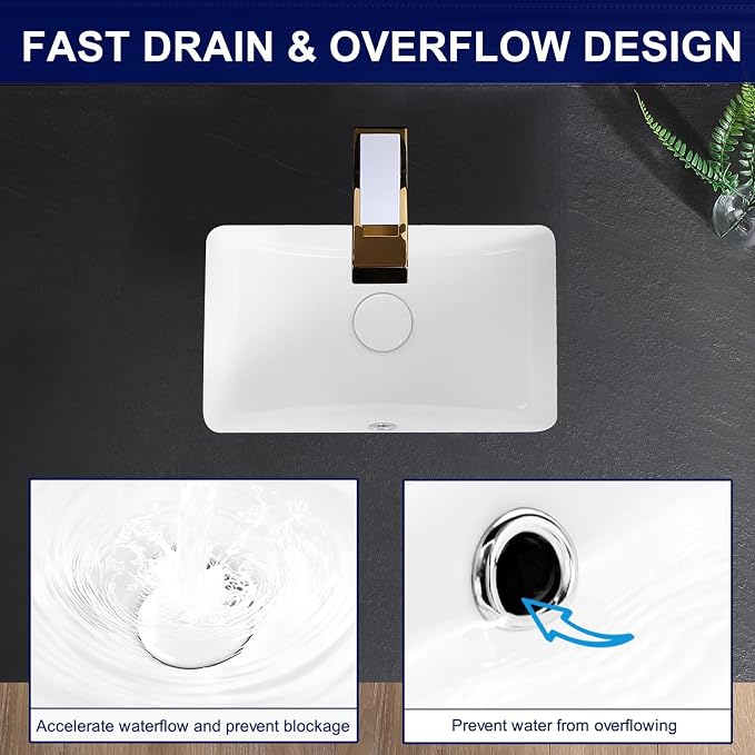 Undermount Bathroom Sink 17x11 Inch Small Bathroom Sink White Porcelain Ceramic Bathroom Under Counter Lavatory Vanity Sink Basin Rectangular Undermount Sinks with Overflow