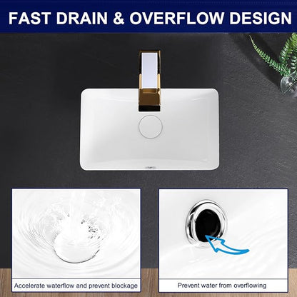 Undermount Bathroom Sink 17x11 Inch Small Bathroom Sink White Porcelain Ceramic Bathroom Under Counter Lavatory Vanity Sink Basin Rectangular Undermount Sinks with Overflow
