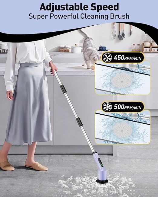 Electric Spin Scrubber for Bathroom, Shower Scrubber with Long Handle | Shower Cleaner Brushes, IPX7 Waterproof & 2 Speed, 3 Brush Heads, 90min Runtime, Bathroom Cleaning Supplies for Toilet Tub