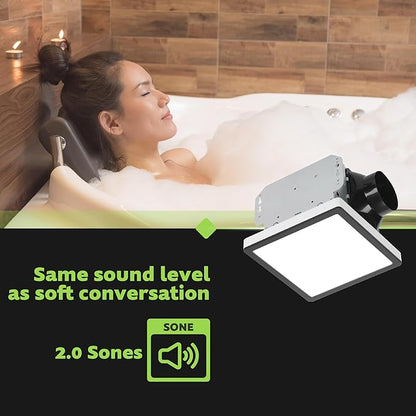 Homewerks 7105-12-MB Bathroom Fan with Light 100-CFM 2 Sones Matte Black Square Ventilation Fan with Dimmable LED Light and Magnetic Trim Ring