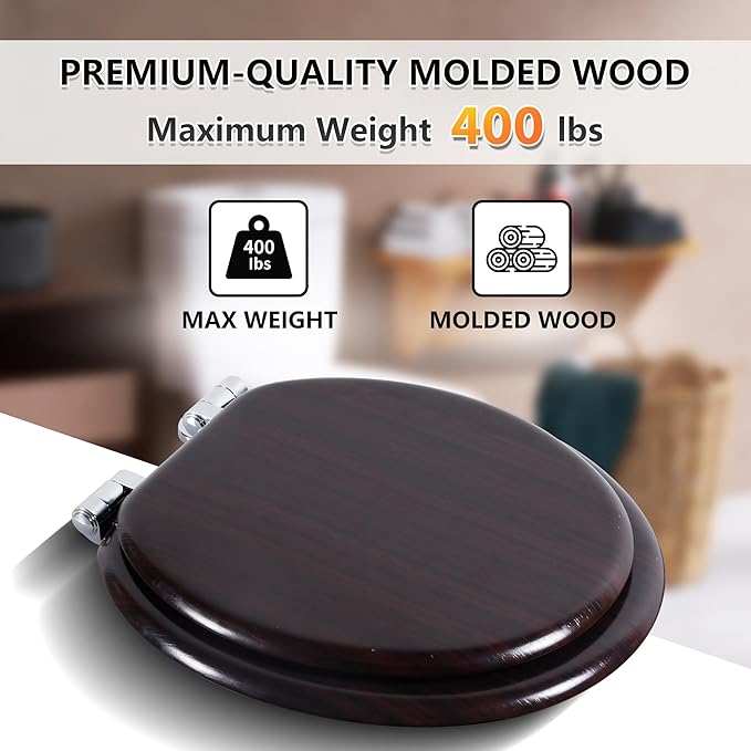Round Toilet Seat Molded Wood Toilet Seat with Quietly Close and Quick Release Hinges, Easy to Install also Easy to Clean by Angol Shiold (Round, Dark Brown)