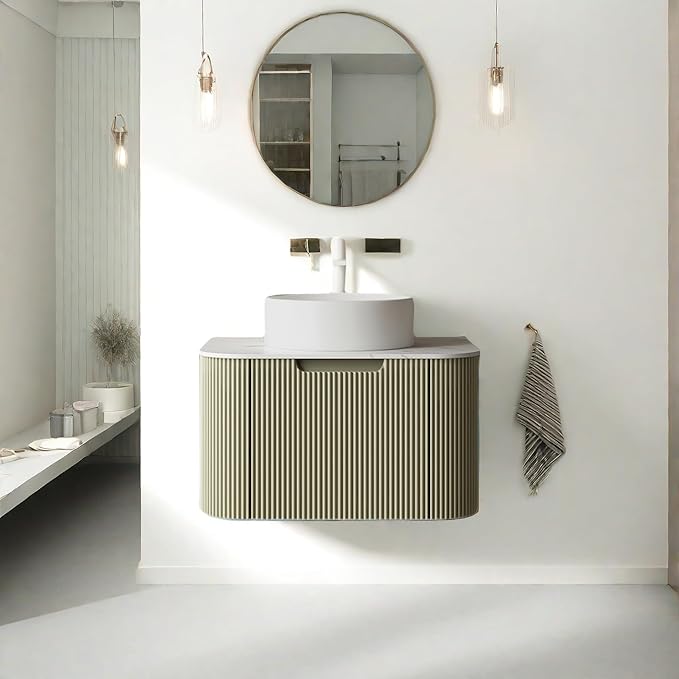 24'' Floating Vanity with Sink Combo, Modern Wall-Mounted Curved Edges Striped Bathroom Storage Cabinet with Soft-Close Drawer and White Artificial Marble Basin, Light Green