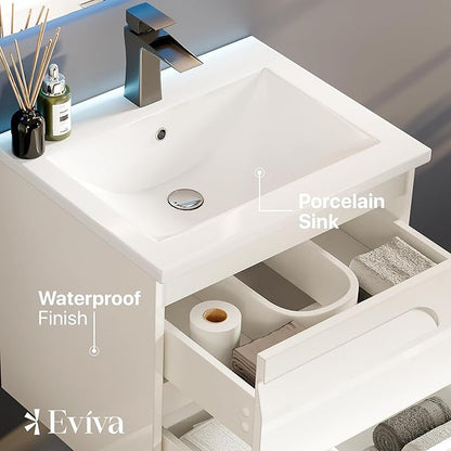 Eviva Joy 24 in. White Wall MountSingle Sink Bath Vanity with Porcelain Top and Integrated Sink