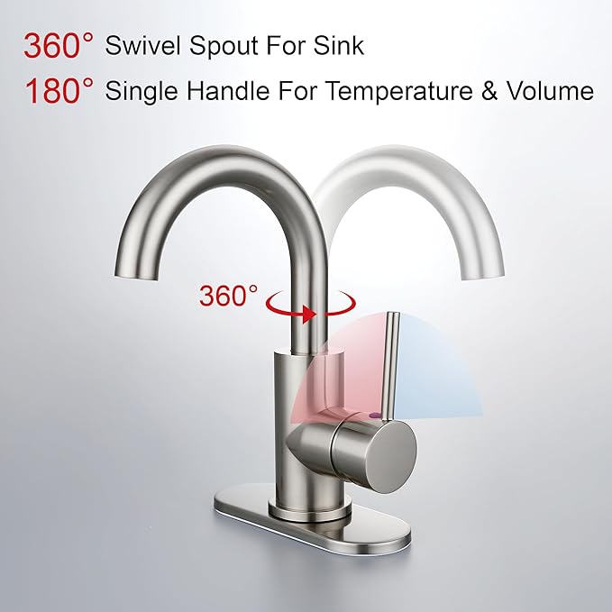 RKF Single-Handle Bathroom Sink Faucet, 360 Degree Swivel Spout Single Hole Faucet with Overflow and Supply Hose,Bar Sink Faucet,Small Kitchen Faucet Tap