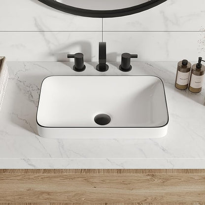 DeerValley 19x12 Inch White Semi Recessed Bathroom Vessel Sink with Black Rim, Ceramic Porcelain Rectangle Above Counter Vanity Sink Basin, DV-1V0235