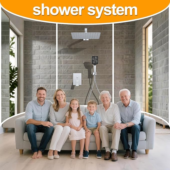 Shower System Modern Rain Brass Faucet Set With Valve and Diverter Shower Mixer With Handheld High Pressure Square Rainfall Shower Valve (12'' Wall Mount, Chrome Polished)