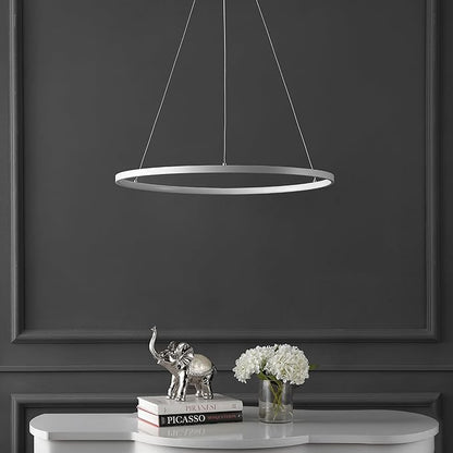 JONATHAN Y 23.75" Matte White Modern Integrated LED Pendant Light, Dimmable Round Hoop Chandelier for Kitchen Island, Dining Room, Adjustable Height Metal Hanging Light (JYL7203I)