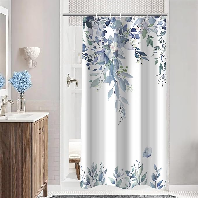 Blue Floral Eucalyptus Shower Curtain with Hooks, 36x72 Inch | Waterproof Fabric, Watercolor Leaves and Floral, Botanical Style, Machine Washable, Quick-Drying, for Hotel Bathroom