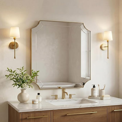 30"x30" Square Bathroom Mirror, Gold Vanity Mirrors for Over Sink, Gold Scalloped Mirror with Glass Pieces, Brass Mirror with Designer-Crafted Notched Corners, Ideal for Home Remodel