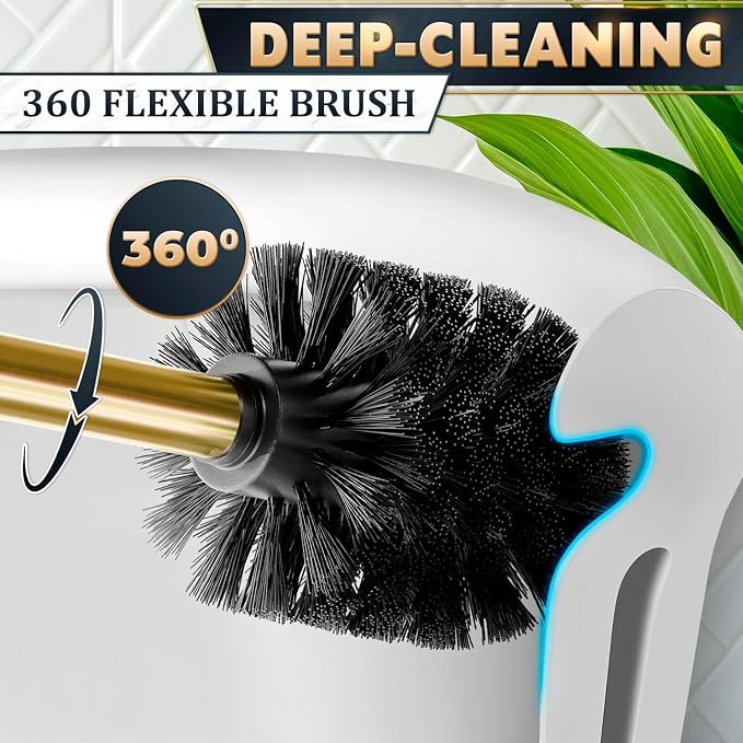 Gold Toilet Brush and Holder Set, Stainless Steel (Square) | Toilet Brush with Holder Set for Bathroom, Splash Protection & Dense Bristles for Bathroom Cleaning, Removable Inner Bowl