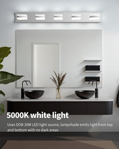 Bathroom Lighting Fixtures Over Mirror, 5 Light Silver Vanity Light | Cool White, 5000K, Modern Vanity Wall Lights for Bath, Dressing Room, Restroom, 37.4 inch