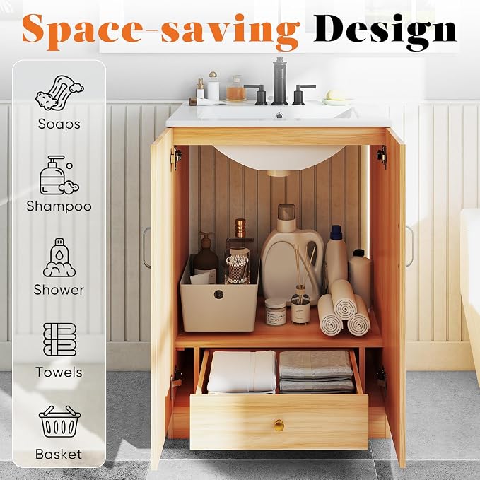 Sweetcrispy 24" Modern Bathroom Vanity with Ceramic Basin, Undermount Vanity Sink Cabinet with 2 Doors and 1 Inner Drawer, Free Standing Bathroom Storage Cabinet with Sink Combo Set, Classic Wood