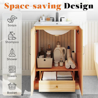 Sweetcrispy 24" Modern Bathroom Vanity with Ceramic Basin, Undermount Vanity Sink Cabinet with 2 Doors and 1 Inner Drawer, Free Standing Bathroom Storage Cabinet with Sink Combo Set, Classic Wood