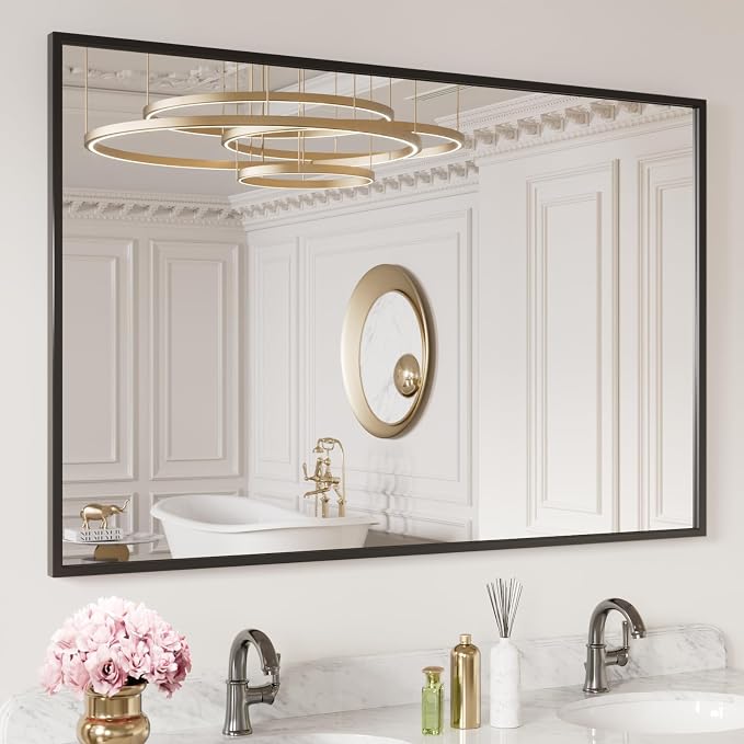 LOAAO 48"X30" Black Rectangle Bathroom Mirror | Matte Black Aluminum Alloy Frame, Tempered Glass, Hangs Vertically or Horizontally, Easy to Install