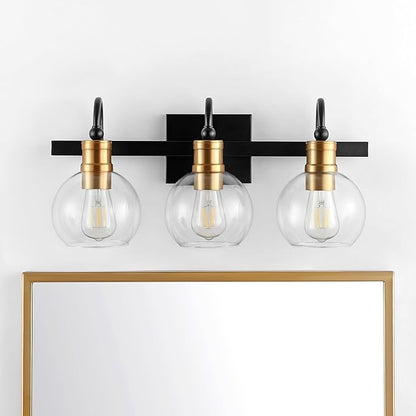JONATHAN Y 21.5" Black/Brass Gold Vintage Wall Sconce, LED Vanity Light for Bathroom Bedroom Entryway, Clear Glass Globe Shade, Modern Industrial Arched Lamp, LED Bulb Included (JYL3528A)