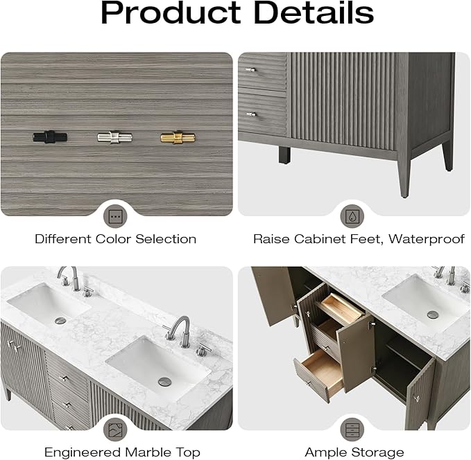 Vanity Art 60 inch Bathroom Vanity with Double Sink & Ceramic Top, Vanity Cabinet with Soft-Closing Door, Solid Wood Frame, Linear Pattern, Driftwood Gray, Golden Brushed Handware VA91360-DDG-GB