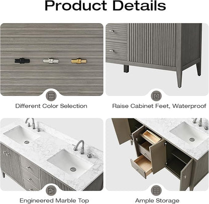 Vanity Art 60 inch Bathroom Vanity with Double Sink & Ceramic Top, Vanity Cabinet with Soft-Closing Door, Solid Wood Frame, Linear Pattern, Driftwood Gray, Golden Brushed Handware VA91360-DDG-GB