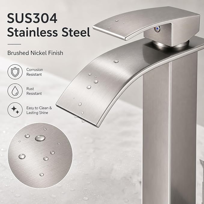 VOTON Vessel Sink Faucet Brushed Nickel Modern Tall Waterfall Bathroom Sink Faucet with Pop-Up Drain Single Handle Bathroom Faucet 1 Hole Bowl Lavatory Vanity Faucet, Rv Sink Camper Farmhouse Faucet