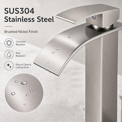 VOTON Vessel Sink Faucet Brushed Nickel Modern Tall Waterfall Bathroom Sink Faucet with Pop-Up Drain Single Handle Bathroom Faucet 1 Hole Bowl Lavatory Vanity Faucet, Rv Sink Camper Farmhouse Faucet