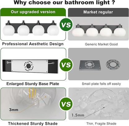 IZORRO Bathroom Light Fixtures, 4-Light Matte Black Vanity Light, Modern Wall Sconces with Globe Milk White Glass Shade, Vanity Lighting Fixtures Over Mirror,E26 Bulb Socket