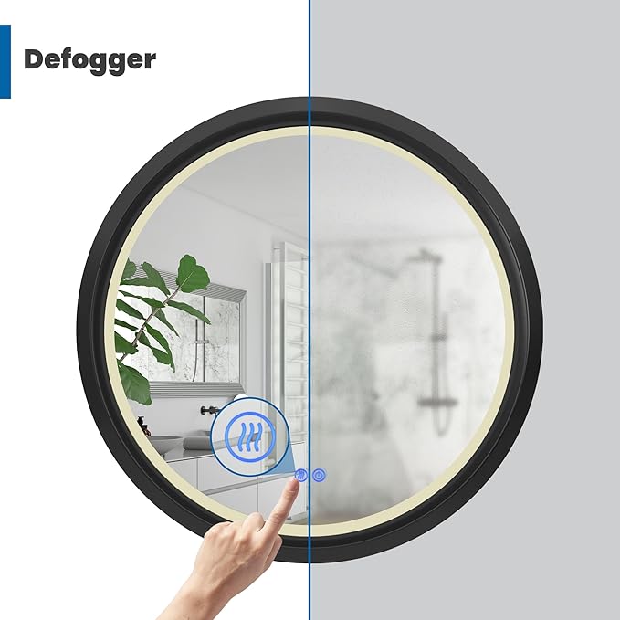 36 Inch Round LED Mirror for Bathroom, Black Metal Frame Lighted Vanity Mirror with 3 Color Modes, Touch Dimmer - Anti-Fog Wall Mounted Circle Mirror with Lights - Fab Glass and Mirror