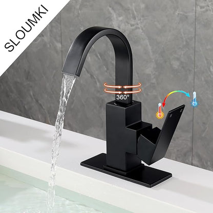 Matte Black Bathroom Faucet Waterfall Faucet Bathroom Vanity with 360 Degree Swivel Spout, Single Hole Bar Sink Faucet with Hose and 6 "Deck Plate,SL5004BK