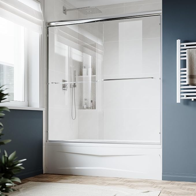 SUNNY SHOWER Double Sliding Glass Door 60" W x 57" H Shower Door 1/4" Tempered Glass Sliding Door Semi-Frameless Shower Glass Enclosure Bypass Walk in Shower Cabin, Chrome Finished