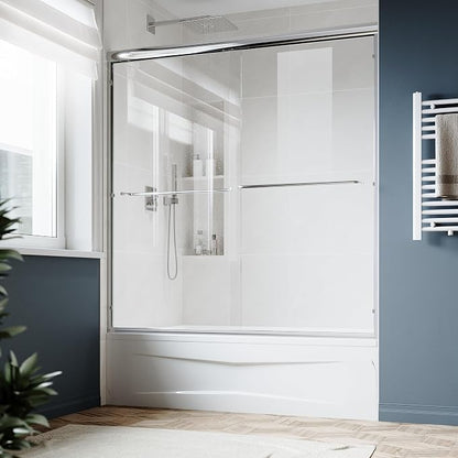 SUNNY SHOWER Double Sliding Glass Door 60" W x 57" H Shower Door 1/4" Tempered Glass Sliding Door Semi-Frameless Shower Glass Enclosure Bypass Walk in Shower Cabin, Chrome Finished