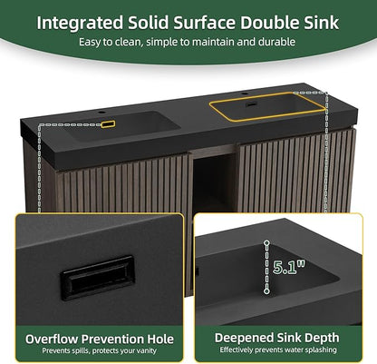 60" Bathroom Vanity with Double Sink, Freestanding Double Sink Bathroom Vanity with Black Engineered Stone Top, Open Storage Cabinet & Adjustable Shelf, 4 Soft-Closing Doors, Smoked Oak Brown