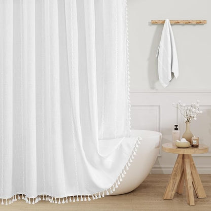 Boho Farmhouse Tassel Linen Shower Curtain,3D Embroidery Stripe White,48x72 | Narrow Stall,310GSM Striped Texture Heavy Duty Cloth,Water Repellent,Wrinkle Resistant,Bohemian Luxury Farmhouse Rustic style