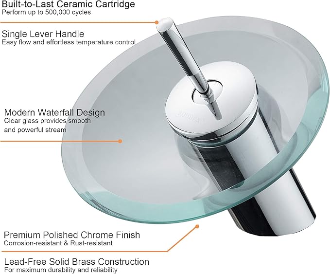 Waterfall Bathroom Sink Faucet Unique Brass Modern Circle Glass Waterfall Faucet for Basin Vanity Single Hole Pedestal Sink Faucets One Handle Corner Sink Bathroom Faucet, Polished Chrome