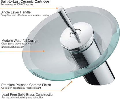 Waterfall Bathroom Sink Faucet Unique Brass Modern Circle Glass Waterfall Faucet for Basin Vanity Single Hole Pedestal Sink Faucets One Handle Corner Sink Bathroom Faucet, Polished Chrome