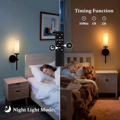 Shenmoyl Battery Operated Wall Sconces Set of 2, Black Rechargeable Wall Lighting Fixtures, Dimmable Wall Lights with Remote & Opal Glass Shade for Living Room, Bathroom,Bedroom