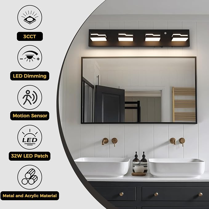 LED Wireless Motion Sensor Modern Bathroom Vanity Light Fixtures 4-Light, 25.5 inch 3CCT Dimmable Black Auto-Off Vanity Lights for Bathroom Lighting, with 350° Rotatable Acrylic Heads