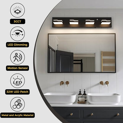 LED Wireless Motion Sensor Modern Bathroom Vanity Light Fixtures 4-Light, 25.5 inch 3CCT Dimmable Black Auto-Off Vanity Lights for Bathroom Lighting, with 350° Rotatable Acrylic Heads