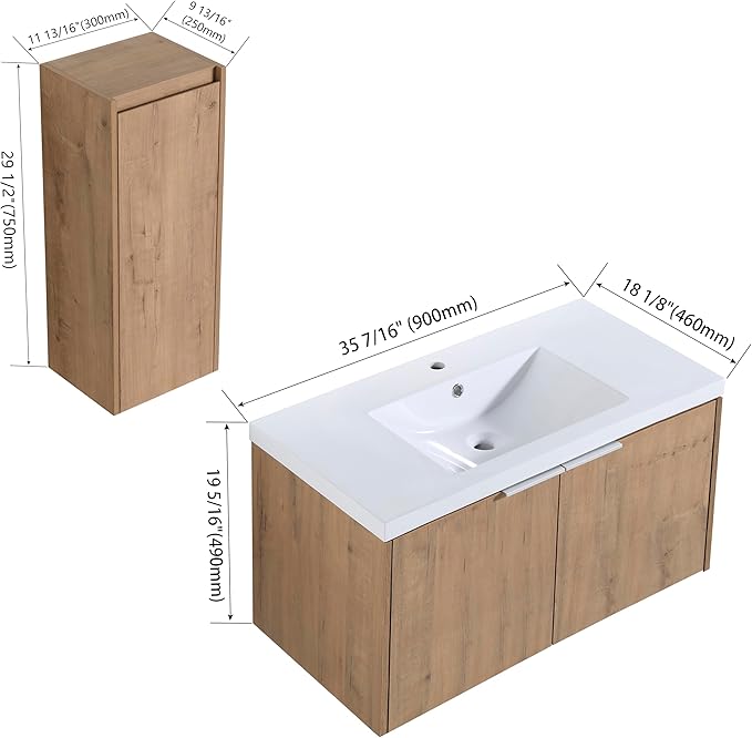 Henf 36" Floating Bathroom Vanity with Sink for Compact Space, Brown Wall Mount Bathroom Vanity Cabinet with Sink Combo, 36 Inch Bathroom Vanities Set with Side Cabinet Floating Cabinet