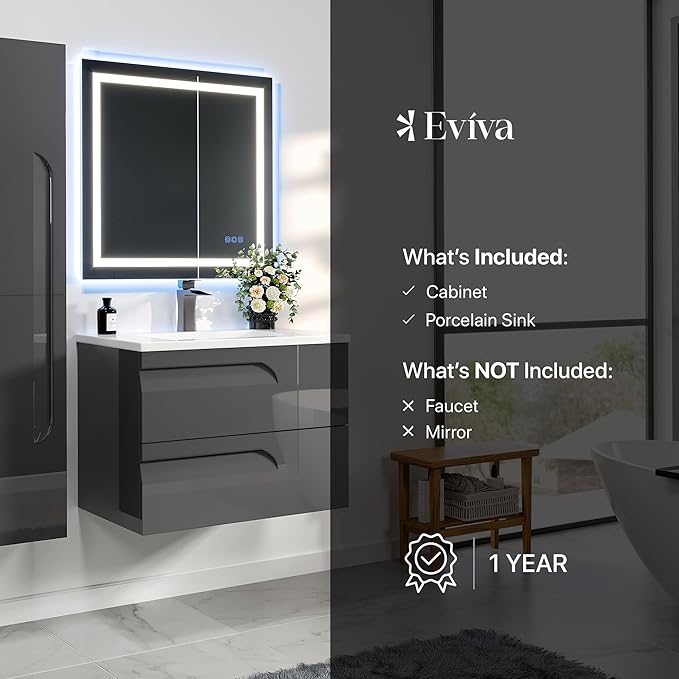 Eviva Joy 32 in. Gray Wall MountSingle Sink Bath Vanity with Porcelain Top and Integrated Sink