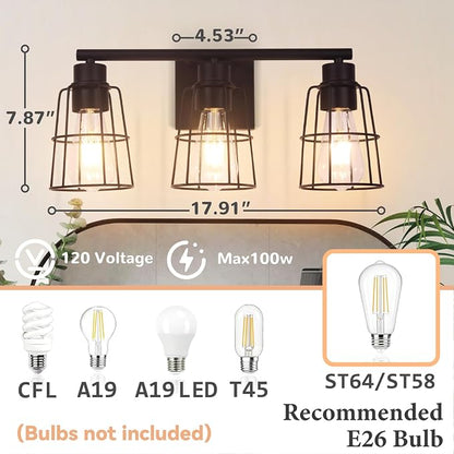 3-Light Black Bathroom Vanity Light Fixture Over Mirror, Industrial Caged | Farmhouse Rustic Wall Sconce Light Fixture with Metal Wire Lampshade for Bathroom, 17.9 Inch,E26(Bulbs not Included)