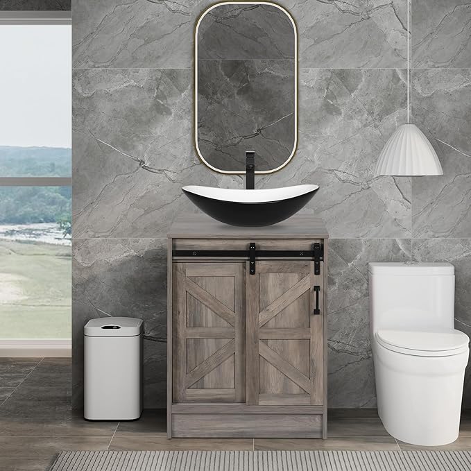 24" Farmhouse Bathroom Vanity with Sink, Bathroom Storage Cabinet with Sliding Barn Doors & Metal Handle, Freestanding Vanity with Black and White Ceramic Boat Sink Combo Set