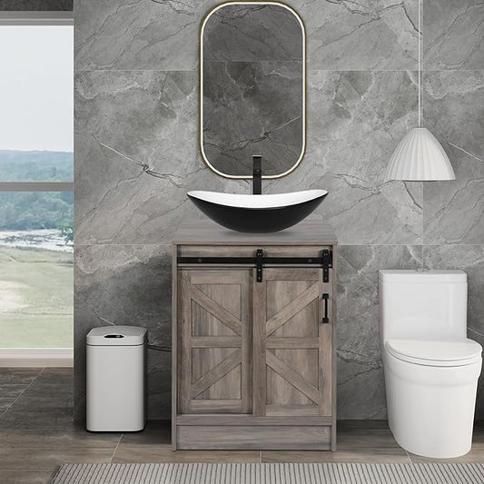 24" Farmhouse Bathroom Vanity with Sink, Bathroom Storage Cabinet with Sliding Barn Doors & Metal Handle, Freestanding Vanity with Black and White Ceramic Boat Sink Combo Set