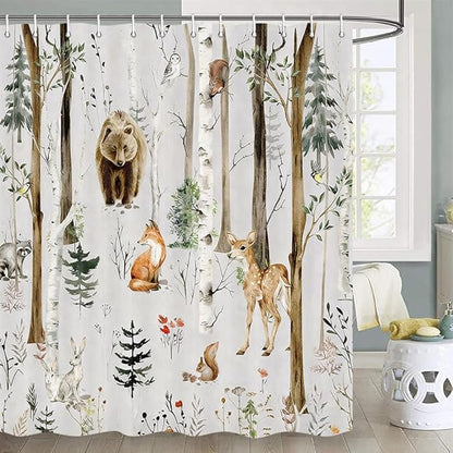 JAWO Rustic Forest Shower Curtains, Lodge Cabin Woodsy RV Shower Curtain, Wildlife Animals Woodland Campers Camping Bathroom Set with Hooks, 60X70 Inch, Grey